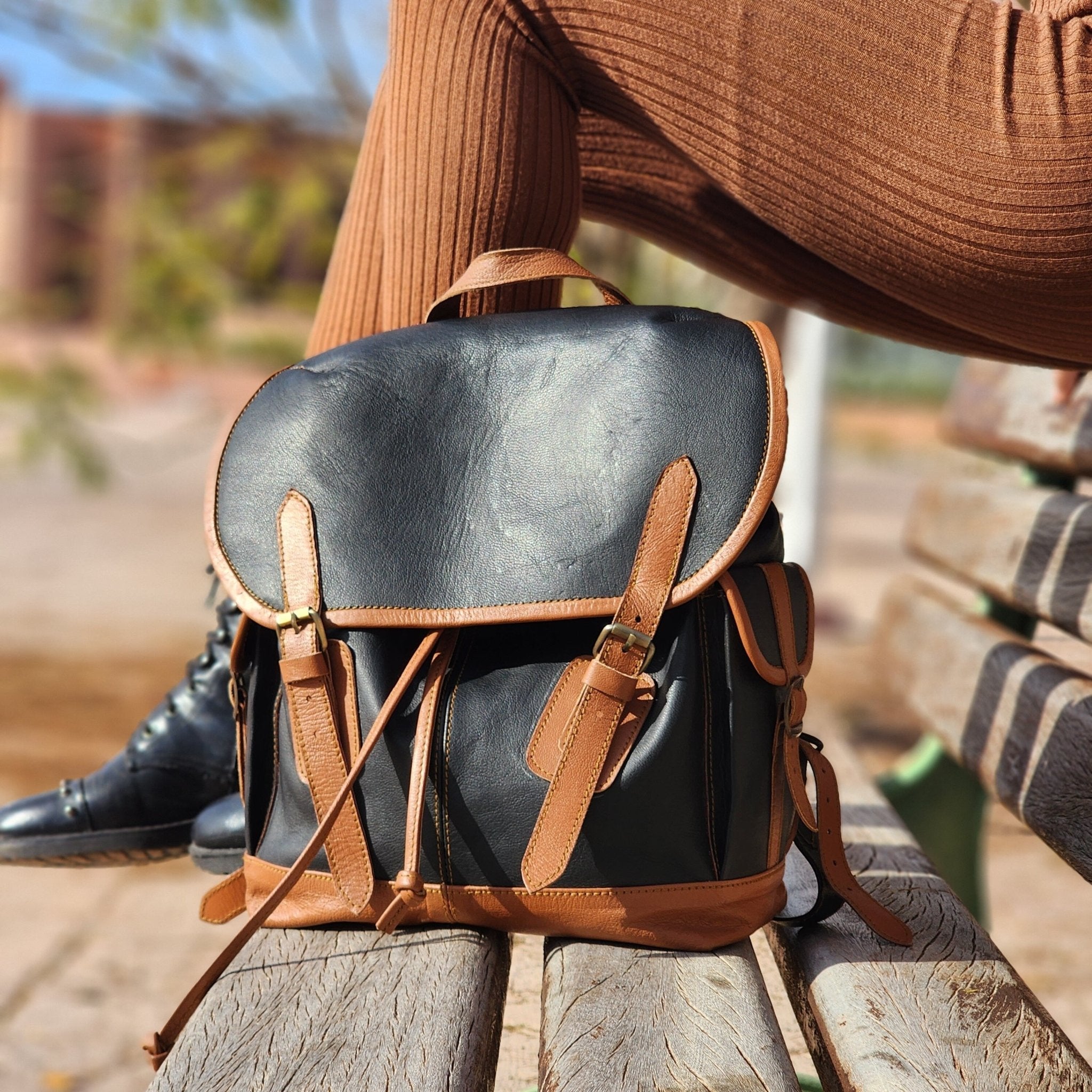 Sophisticated Two-Tone Leather Backpack in Brown and Black