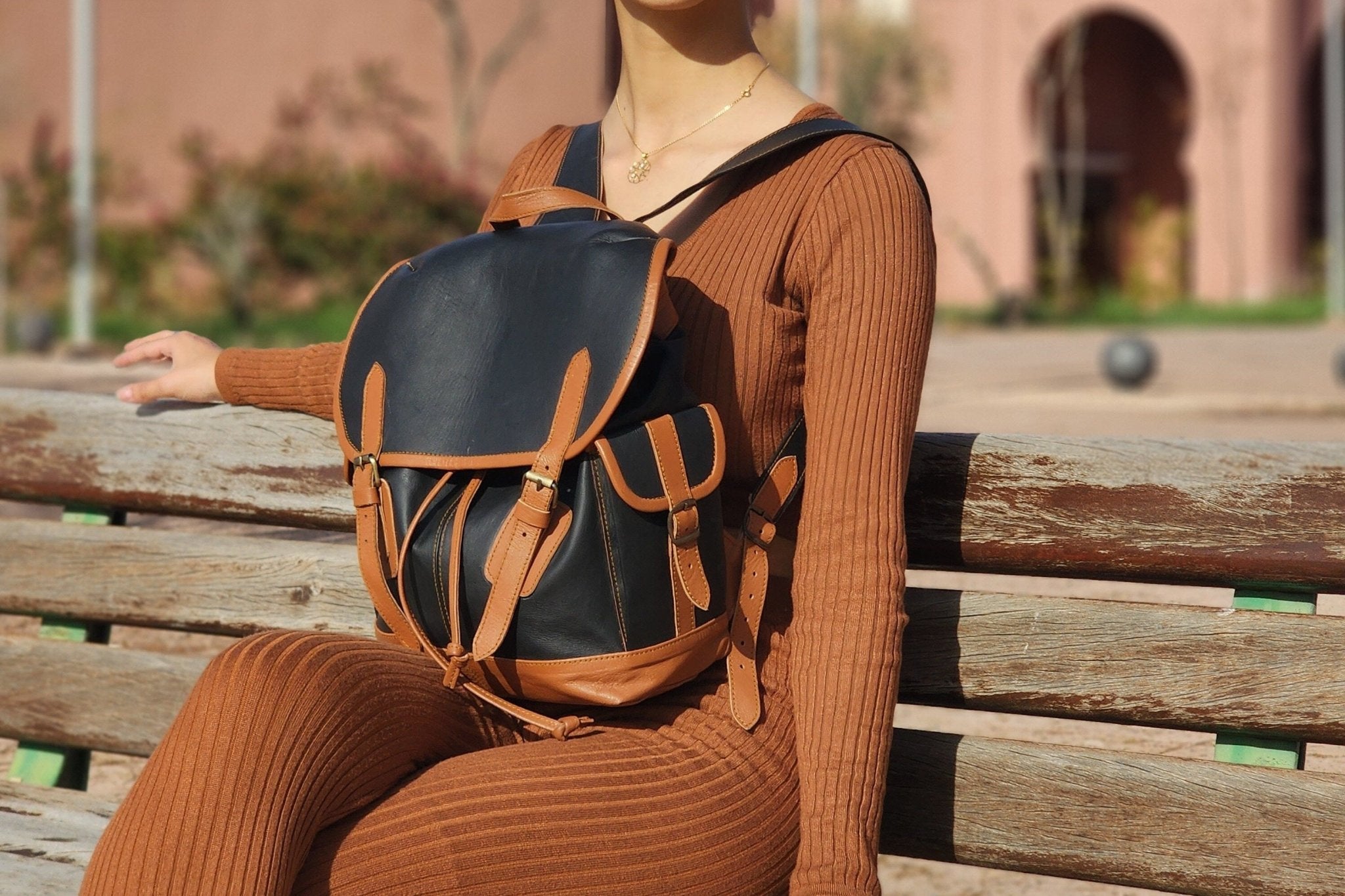 Sophisticated Two-Tone Leather Backpack in Brown and Black