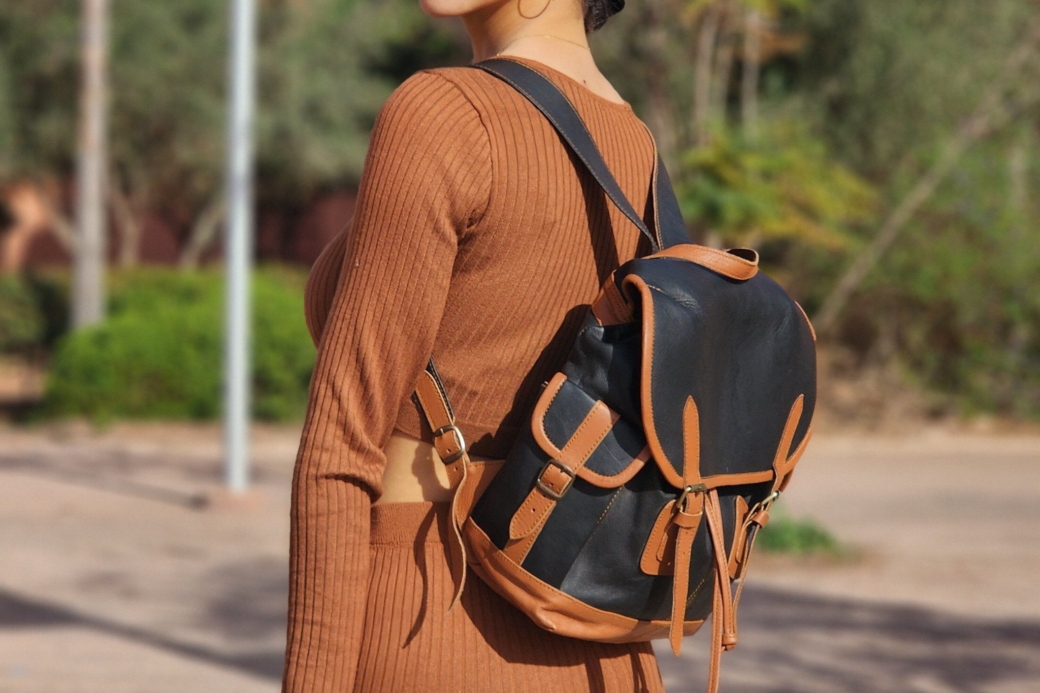 Sophisticated Two-Tone Leather Backpack in Brown and Black