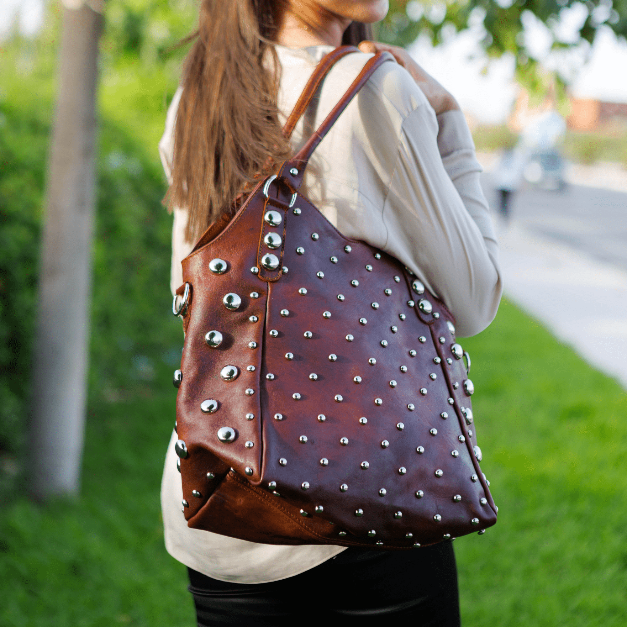 leather handbag with studs