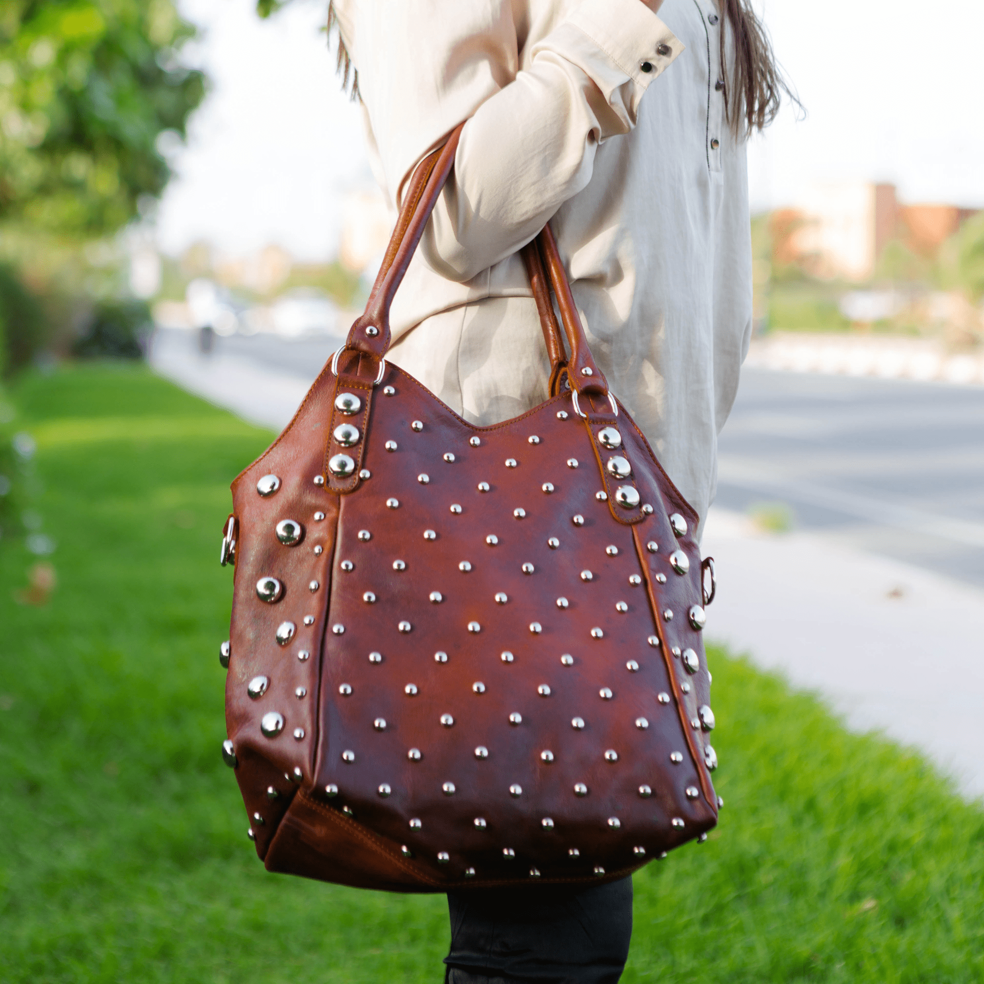 leather handbag with studs